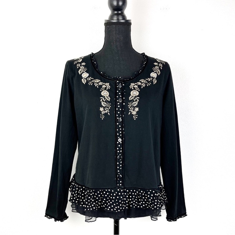Vintage Top Blouse Small Black Embroidered Lace Button Down Ruffles Cotton